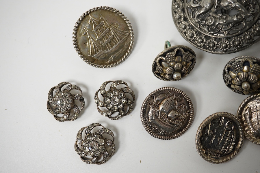 A group of 17 assorted antique buttons, largest 52mm;, Condition - variable, fair-good